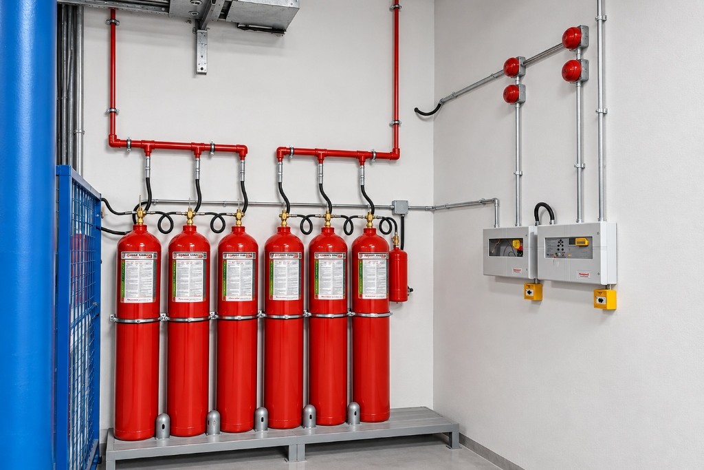 Fenix Yangın CO2 gazlı yangın söndürme sistemi tüpleri, manifold tesisatı ve kontrol panelleri