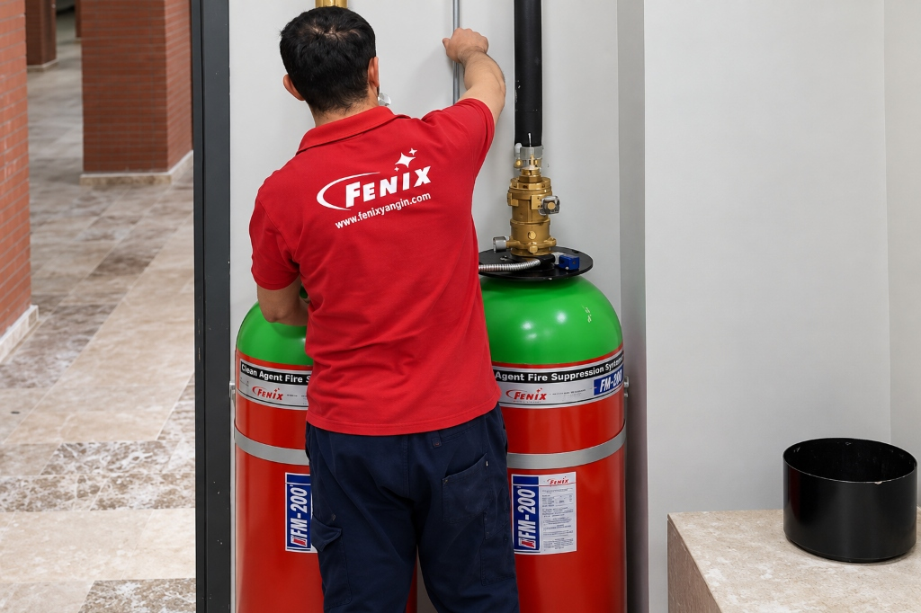 Fenix Yangın teknisyeninin FM200 gazlı söndürme sistemi üzerinde bakım ve kontrol çalışması