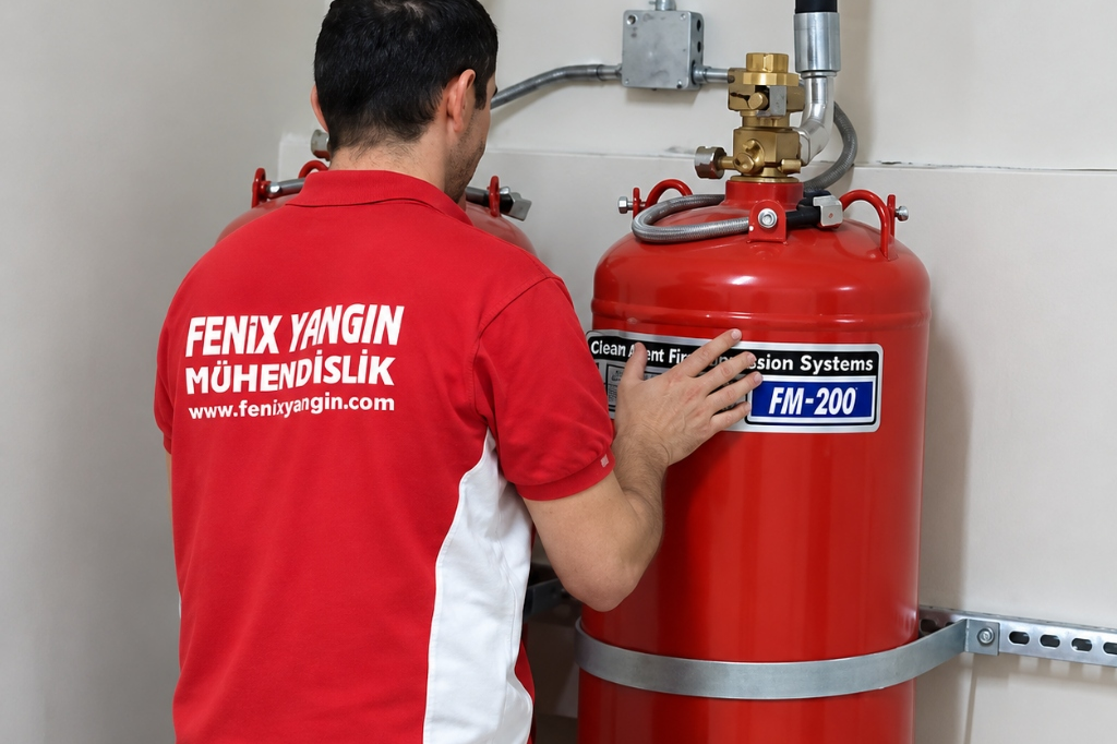 Fenix Yangın teknisyeninin FM200 gazlı söndürme silindiri üzerinde kontrol ve bakım çalışması