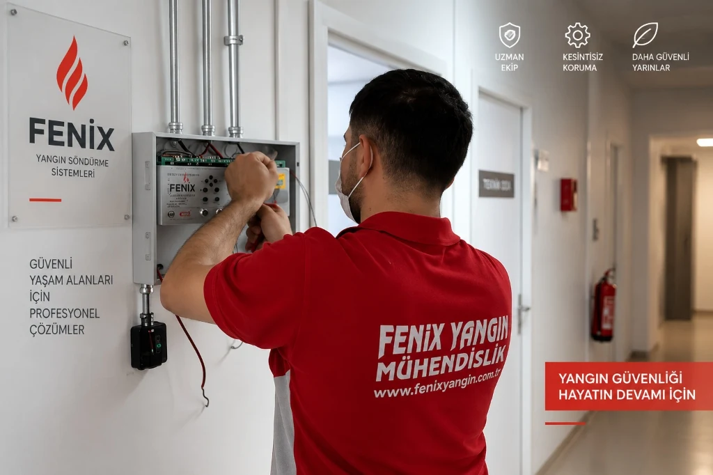 Fenix teknik ekibinin FM200 gazlı yangın söndürme sistemi kontrol paneli üzerinde saha uygulaması