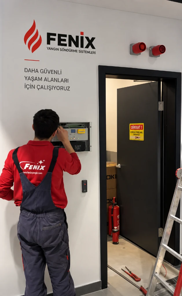 FM200 yangın söndürme sistemi kontrol paneli ve korunan hacim girişinde Fenix saha uygulaması