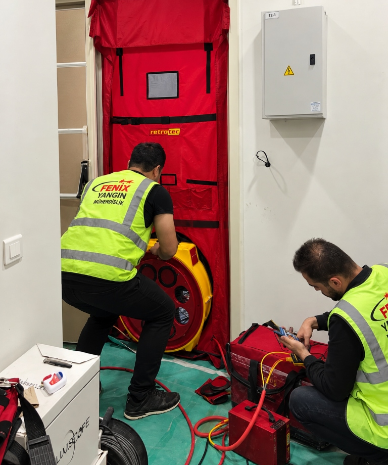 Oda sızdırmazlık testi için kapı fanı düzeneği ve ölçüm uygulaması