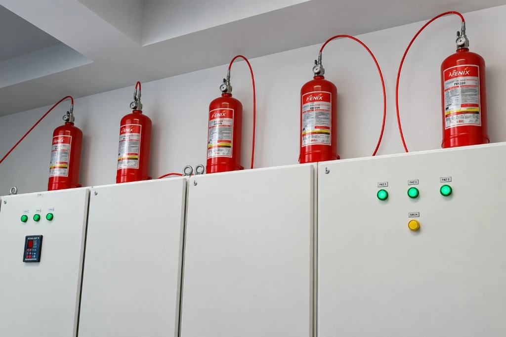 Ana dağıtım ve kompanzasyon elektrik panoları üzerinde çoklu FM-200 söndürme silindiri dizilimi