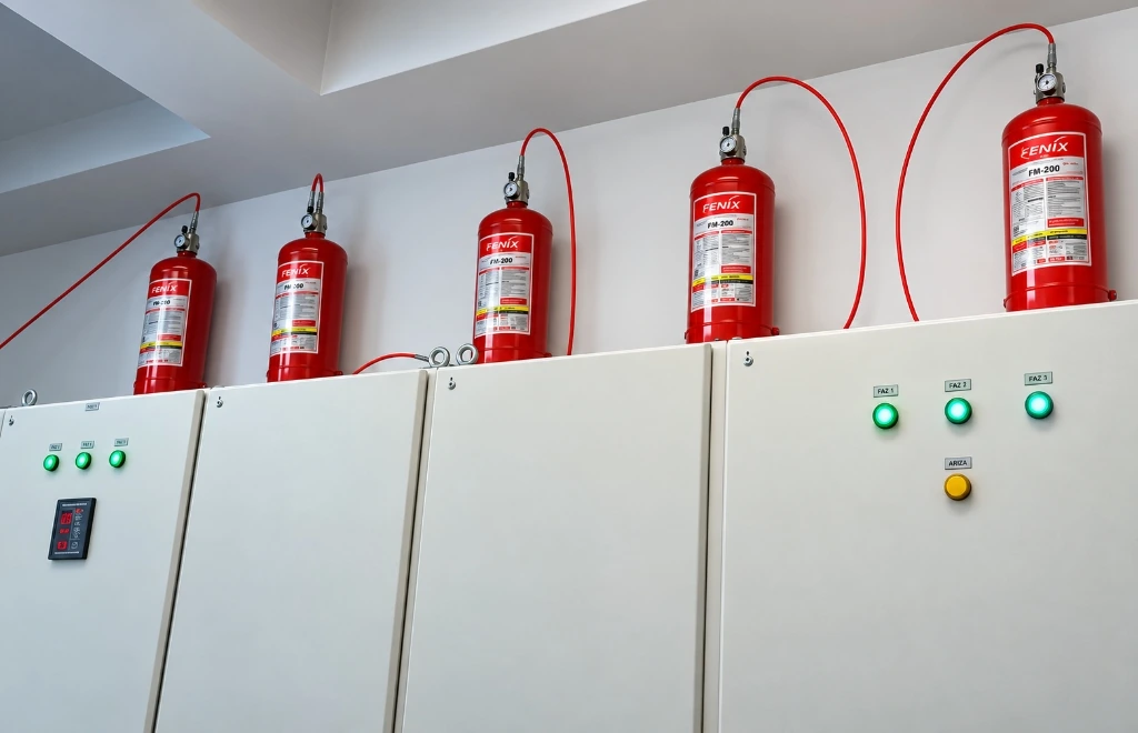 Elektrik panoları üzerine monte edilmiş Fenix FM-200 yangın söndürme silindirleri ve algılama hattı