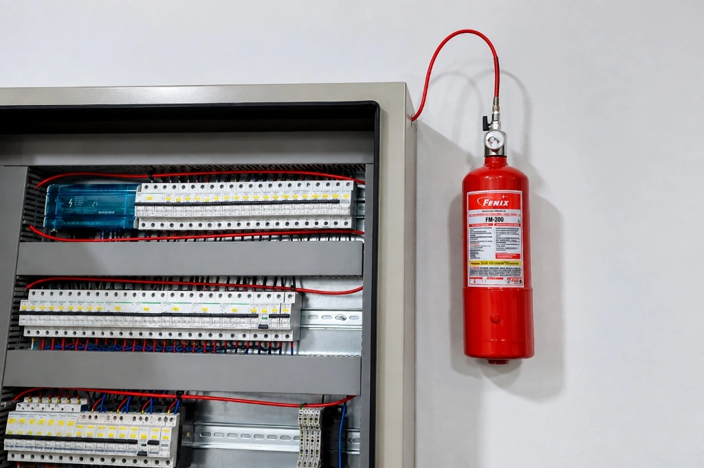 Elektrik panosu içinde sigorta ve klemens sıraları boyunca döşenen ısıya duyarlı polimerik algılama hortumu ve FM-200 silindiri